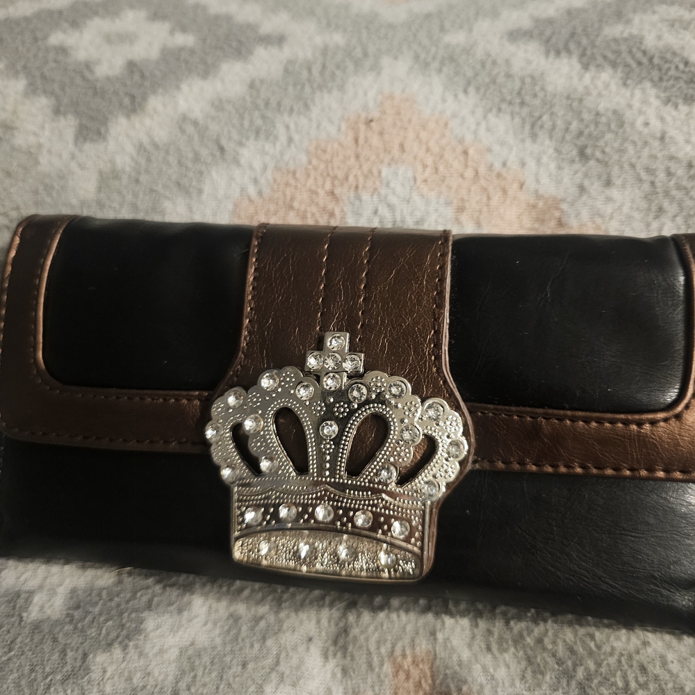 Elegant Black and Brown Wallet with Crown Accent